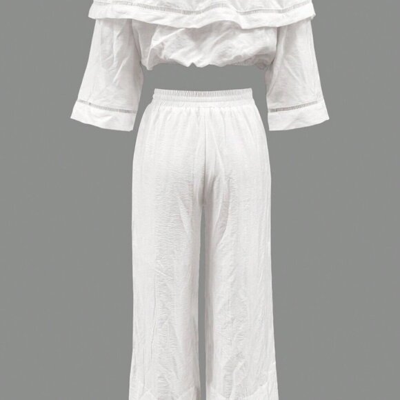White Casual Women's Set Off-The-Shoulder Crop Top & Pants Set - Picture 3 of 5